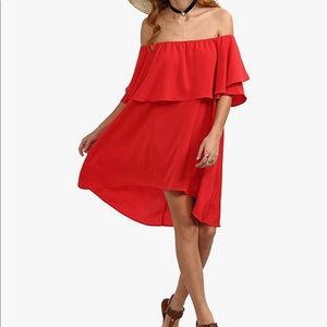 Red off-the-shoulder ruffle shift dress